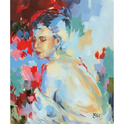 Elbé van Rooyen painting of a woman with a nude back sitting between the flowers
