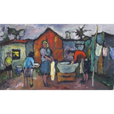 Kenneth Baker painting of people washing clothes