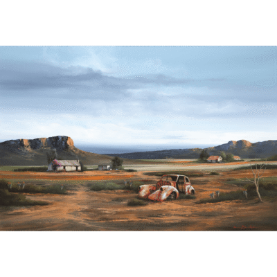 Rick Becker painting of a landscape with an old rustic car
