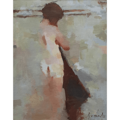 Ryno Swart painting of a girl standing with a black drape