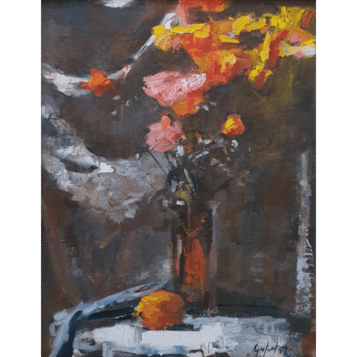 Ryno Swart painting of a vase with flowers standing on a table