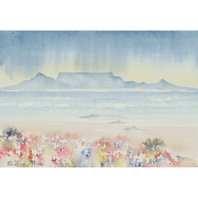 Shelagh Price painting of a landscape with Table Mountain in the background