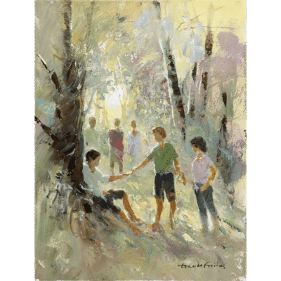 Tony de Freitas painting of a man reaching out his hand to someone sitting under a tree