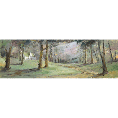 Tony de Freitas painting of a Cape Dutch homestead in a forest