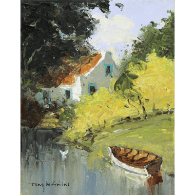Tony de Freitas painting of a landscape and farmhouse