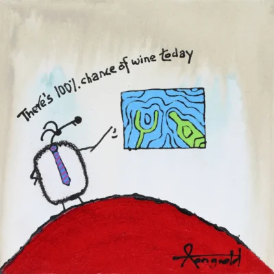Ann Gadd painting of a sheep with a tie waiting for wine