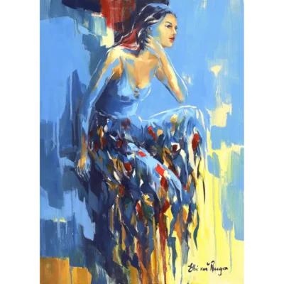 Elbé van Rooyen painting of a woman wearing a blue dress, sitting down resting her head on her left hand