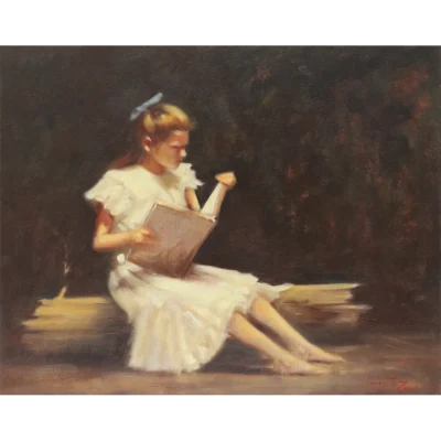 Duggie du Toit painting of a young girl reading a book