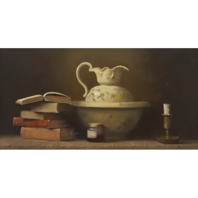 Duggie du Toit painting of books and a washbasin