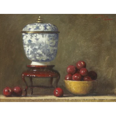 Duggie du Toit painting of cherries in a bowl and a porcelain pot