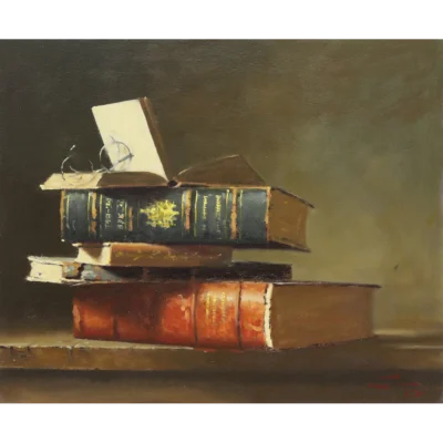 Duggie du Toit painting of books lying on top of each other on a table