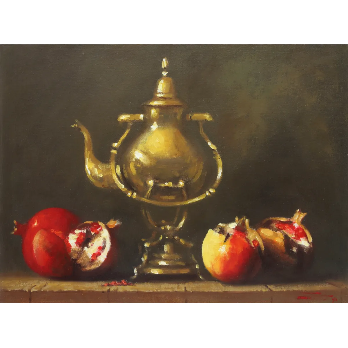 Duggie du Toit painting of a copper kettle and pomegranates