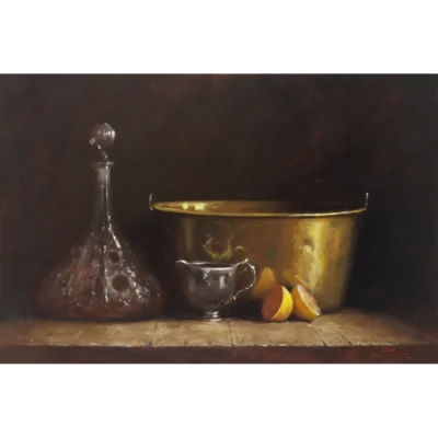 Duggie du Toit painting of a glass vase and a copper pot