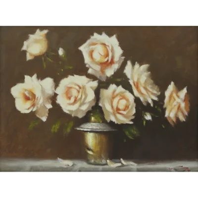 Duggie du Toit painting of a copper vase with roses