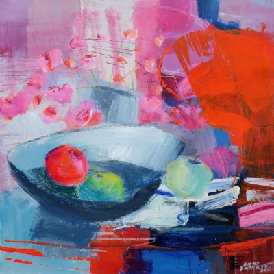 Fiona Ewan Rowett painting of a still life with a red apple in a bowl