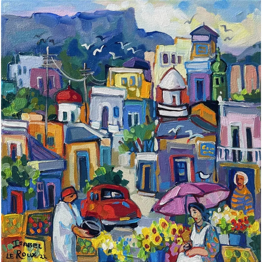 Isabel le Roux painting of fruit and flower sellers in the Malay quarters