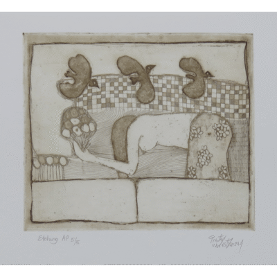 Pieter van der Westhuizen etching of a woman washing her hair