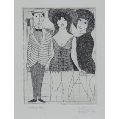 Pieter van der Westhuizen etching of three people at the races