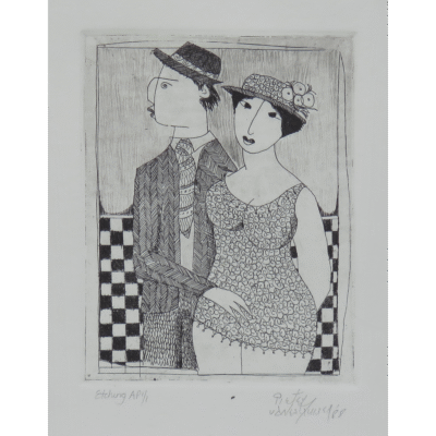 Pieter van der Westhuizen etching of two people at the race track