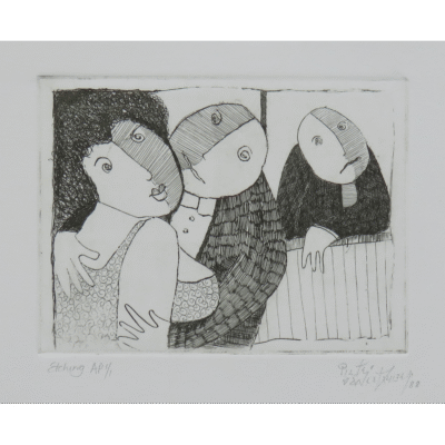 Pieter van der Westhuizen etching of a couple that is in love and an outsider looking