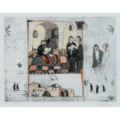 Pieter van der Westhuizen etching of a Jewish ritual