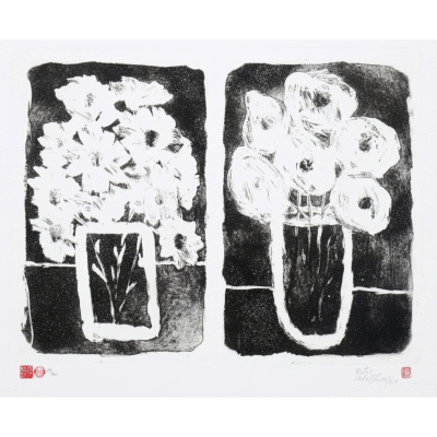 Pieter van der Westhuizen etching of flowers