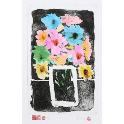 Pieter van der Westhuizen etching of a vase with flowers