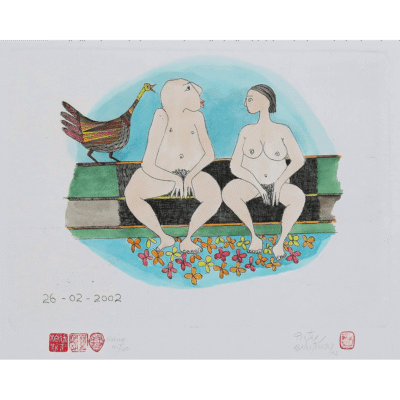 Pieter van der Westhuizen etching of a nude couple sitting on a bench