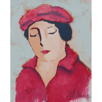 Pieter van der Westhuizen painting of a woman dressed in a red shirt and hat