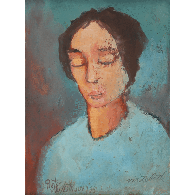 Pieter van der Westhuizen painting of a portrait of a woman sitting with her eyes closed