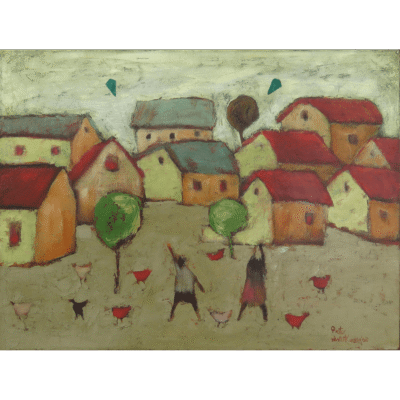 Pieter van der Westhuizen painting of houses and children flying kites