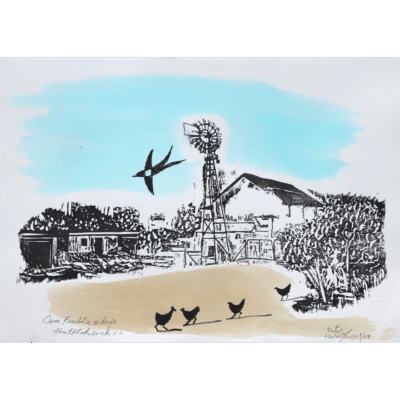 Pieter van der Westhuizen painting of a farm with chickens and a windmill