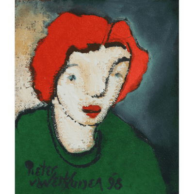 Pieter van der Westhuizen painting of a woman with red hear wearing a green shirt