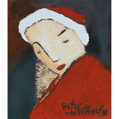 Pieter van der Westhuizen painting of a person wearing a red and white beanie and a red top