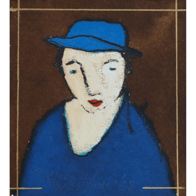 Pieter van der Westhuizen painting f a woman with a blue dress on and a blue hat
