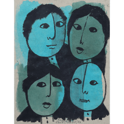 Pieter van der Westhuizen painting of four people covered in blue