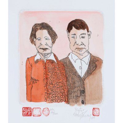 Pieter van der Westhuizen etching of a mother and father