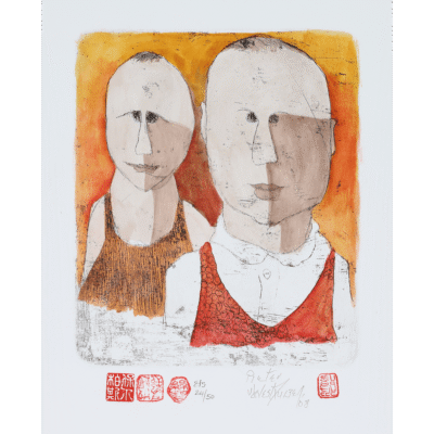 Pieter van der Westhuizen etching of a portrait of two brothers