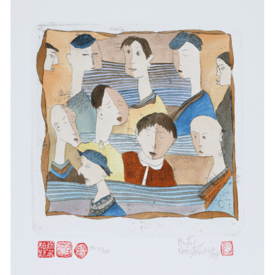 Pieter van der Westhuizen etching of many faces