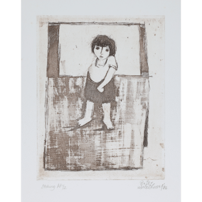 Pieter van der Westhuizen etching of a little shy girl standing on her own