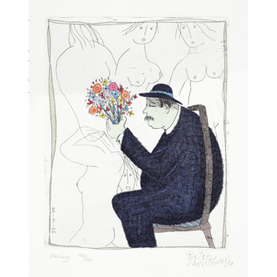 Pieter van der Westhuizen etching of a Jewish man sitting on a chair holding a bunch of flowers