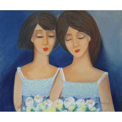 Pieter van der Westhuizen painting of two bridesmaids holding flowers