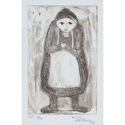 Pieter van der Westhuizen etching of an older woman with an apron