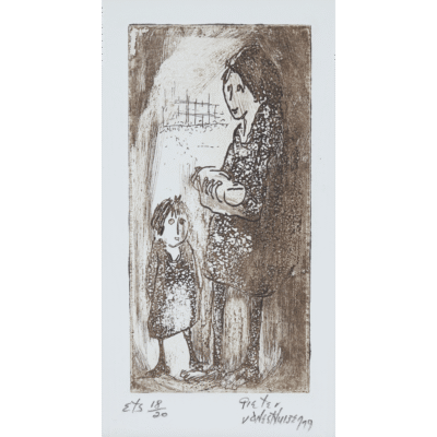 Pieter van der Westhuizen etching of a mother holding a baby with a child standing next to her