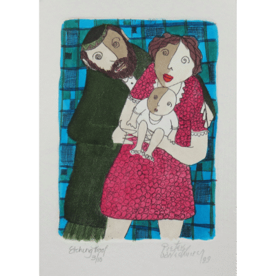 Pieter van der Westhuizen etching of a couple with a baby