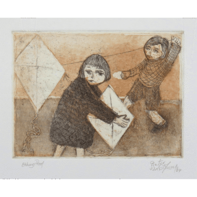 Pieter van der Westhuizen etching of kids playing with kites