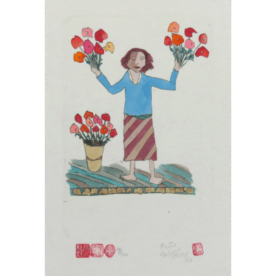 Pieter van der Westhuizen etching of a woman selling flowers