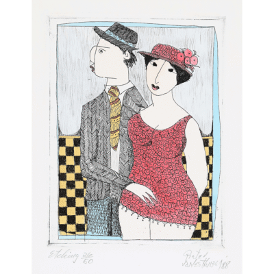 Pieter van der Westhuizen etching of a man and a woman dressed in formal wear wearing hats