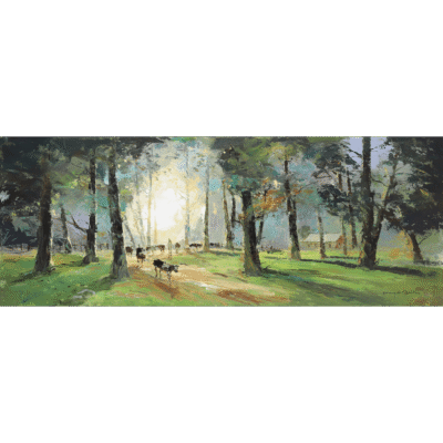 Tony de Freitas painting of a landscape with trees and cattle