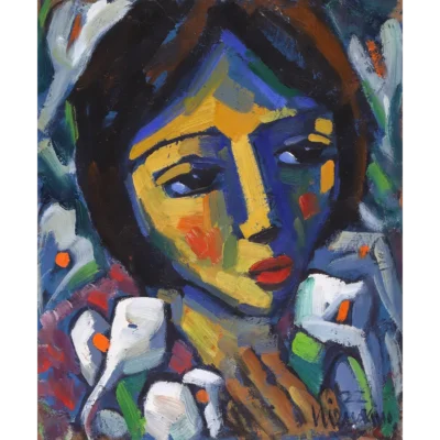 Hennie Niemann painting of a girl with arum lilies in her hand | Hennie Niemann | Robertson Art Gallery